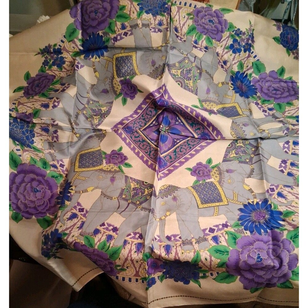 Vintage Thai Silk Scarf Elephants 100% Silk ~36" Square Purple Cream